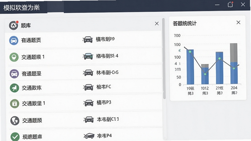 交通法规模拟考试软件题库列表界面,展示分类清晰的题目列表,每个题目前有题型图标,背景为白色,右侧显示答题统计图表,整体风格干净专业,软件名称出现在顶部导航栏