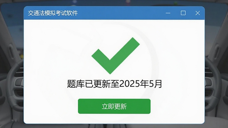 交通法规模拟考试软件更新提示界面,显示“题库已更新至2025年5月”字样,背景为绿色对勾图标,下方有“立即更新”按钮,整体风格简洁,软件名称在弹窗标题中显示
