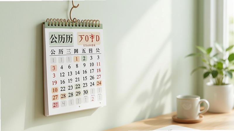 桌面日历墙纸功能展示图,日历挂件显示公历和农历日期,包含节气标注,背景为简洁的桌面壁纸,日历字体清晰,界面布局合理,整体风格清新自然,突出日历信息的完整展示