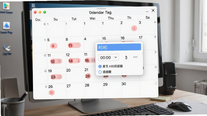桌面日历墙纸的日程提醒功能界面,日历上显示红色圆点标记的日程日期,点击后弹出输入框,带有时间选择器和提醒选项,背景为电脑桌面,界面清晰,展示日程管理功能