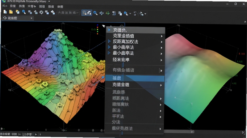 3D等值线绘图软件中插值算法选择菜单展开,显示克里金插值、反距离加权法、最小曲率法选项,背景为对比两种插值结果生成的不同曲面平滑效果,一处较为锐利一处过渡平滑,界面色彩专业,体现软件功能细节
