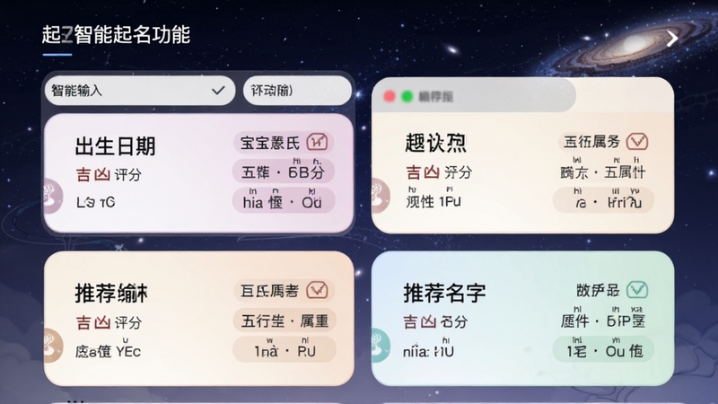 起名通智能起名功能截图,屏幕显示输入宝宝姓氏、出生日期后,系统生成多个推荐名字,每个名字旁标注吉凶评分、五行属性、拼音音调,界面采用卡片式布局,色彩柔和,背景有抽象的星空图案,体现科技与传统文化的结合