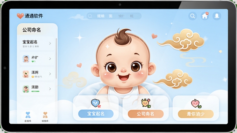 起名通软件主界面预览图,展示宝宝起名、公司命名等核心功能模块,界面清新淡雅,背景为浅蓝色渐变,中央以卡通风格展示一个可爱的宝宝头像,旁边有吉祥云纹装饰,整体风格温馨、专业,适合母婴类应用展示