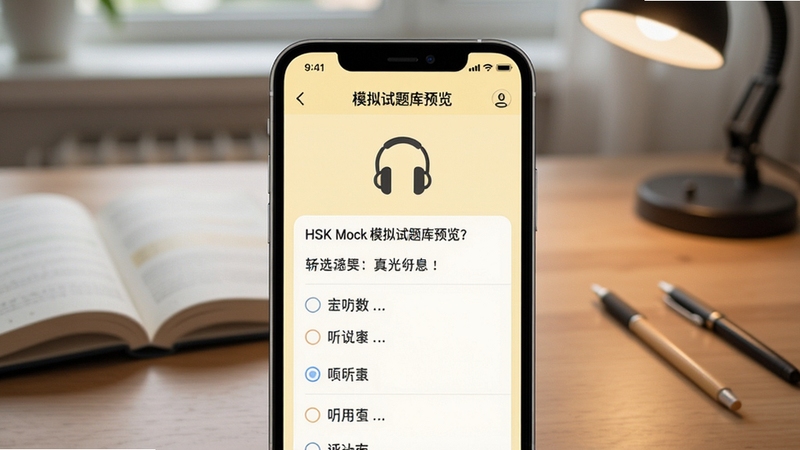 HSK Mock 模拟试题库预览图,展示手机应用内选择题界面,包含中文听力题目和选项,界面设计简洁,字体清晰,背景为淡黄色,配有耳机图标表示听力部分,整体风格专业且友好,突出练习题目的真实感,画面主体为应用界面,背景为书桌学习场景,适配Boogu模型生成。