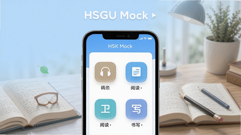 HSK Mock 是一款专业汉语水平考试模拟测试应用,界面简洁现代,主视觉展示手机屏幕上的HSK模拟试卷界面,包含听力、阅读、书写等题型图标,背景为淡蓝色渐变,配有书本和铅笔等学习元素,整体风格清晰明亮,突出教育考试主题,画面主体为应用界面展示,背景区域为学习场景,适配Boogu模型生成。