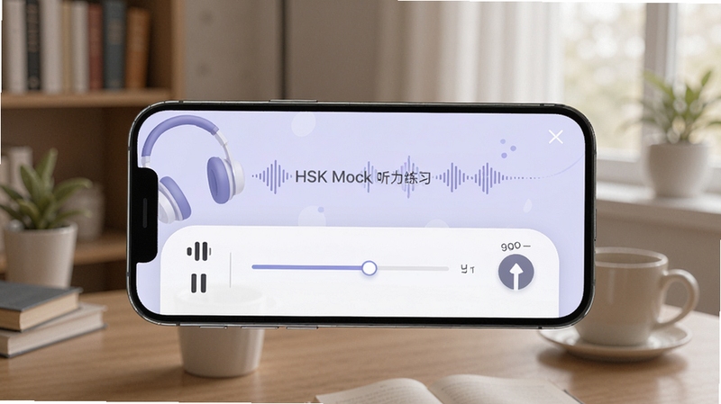 HSK Mock 听力练习界面预览图,手机屏幕上显示听力播放控制条,包含播放、暂停、进度条和语速调节按钮,背景为淡紫色,配有耳机和声波图形装饰,界面风格简洁现代,突出音频学习功能,画面主体为应用界面,背景为安静的学习环境,适配Boogu模型生成。