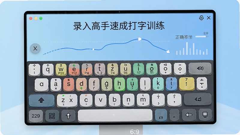 一幅现代简约风格的软件主界面预览图,屏幕中央显示中英文录入高手速成打字训练界面,包含键盘指法分区彩色标注、实时速度曲线和正确率统计,背景为浅蓝色渐变,整体明亮清晰,突出教学与练习功能,画面比例16:9,高细节渲染