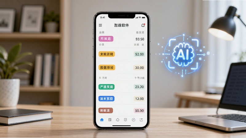 油米家庭财务软件升级补丁智能分类功能示意图,画面中央是一个智能手机,屏幕上展示自动归类后的账单列表,不同类别用不同颜色标签区分,旁边悬浮着AI识别动画图标,背景为现代简约的书房,光线柔和,突出科技感与便捷性