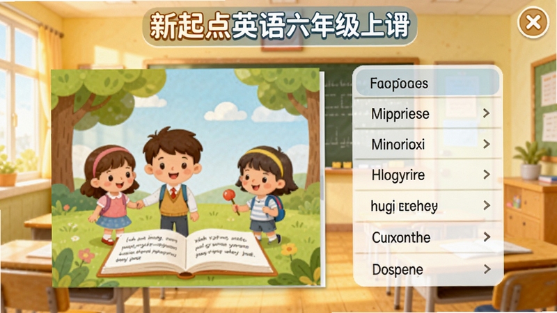 新起点英语六年级上册点读软件主界面预览图,展示点读课本页面,左侧为课本插图,右侧为单词句子列表,背景为明亮教室,暖色调,卡通风格,软件名称显示在界面顶部,整体清晰友好