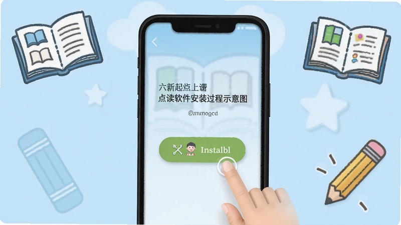 新起点英语六年级上册点读软件安装过程示意图,显示手机屏幕上点击安装按钮,背景为淡蓝色,周围有课本和铅笔图标,风格简洁明快