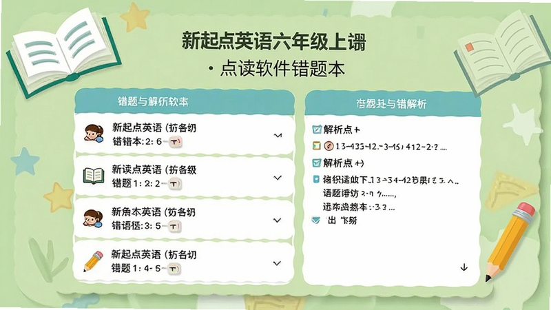 新起点英语六年级上册点读软件错题本界面,显示错题列表和解析,背景为淡绿色,书本和铅笔元素点缀,界面整洁,功能标注清晰