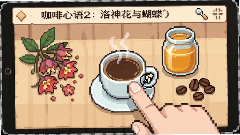 咖啡心语2:洛神花与蝴蝶(Switch移植)游戏调饮界面截图,手指正在触摸屏幕上的一杯咖啡,旁边摆放着洛神花干花、蜂蜜罐和咖啡豆,界面UI简洁,像素风图标清晰,色彩柔和,突出交互操作感