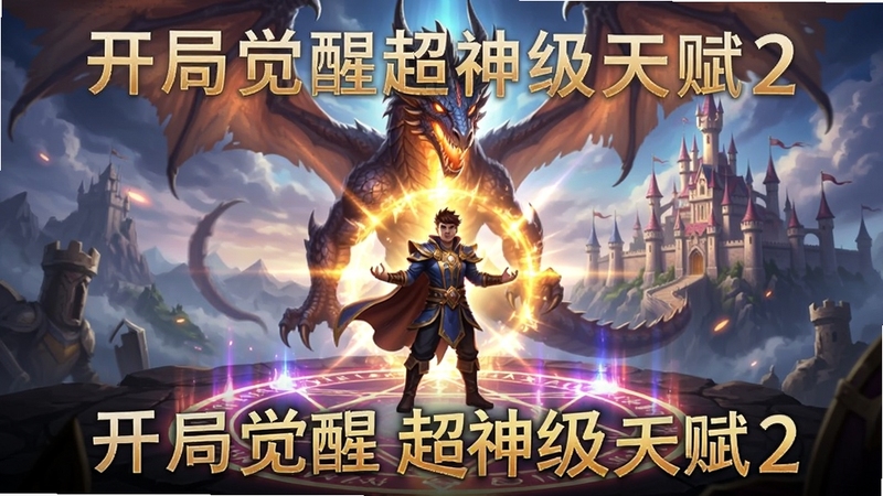 开局觉醒超神级天赋2游戏宣传主视觉图,一位身披光环的勇者站在魔法阵中央,背后是巨龙与城堡的奇幻世界,画面宏大,色彩绚丽,突出天赋觉醒的震撼瞬间,竖版构图,适配手机游戏海报风格,包含开局觉醒超神级天赋2字样