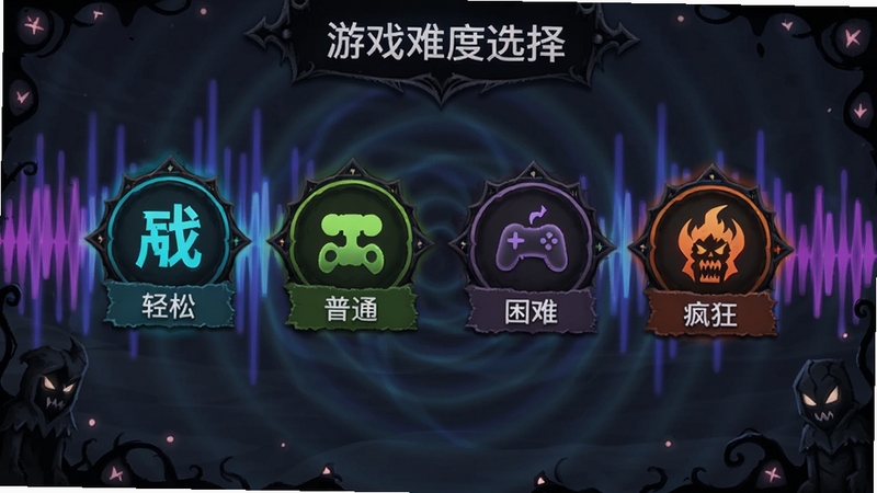 游戏难度选择界面,显示四个难度选项,每个选项有不同颜色与图标,背景是动态的节奏波纹,界面设计简洁大方,突出“轻松”“普通”“困难”“疯狂”四个等级,整体风格与游戏暗黑童话主题一致,色调偏暗但按钮醒目。