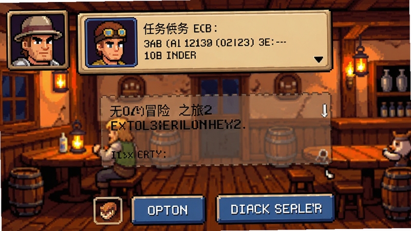 无尽冒险之旅2(Flash游戏)游戏剧情对话界面,像素风格NPC头像,对话框显示任务内容,背景是村庄酒馆内部,暖色灯光,氛围温馨,画面下方有选项按钮。