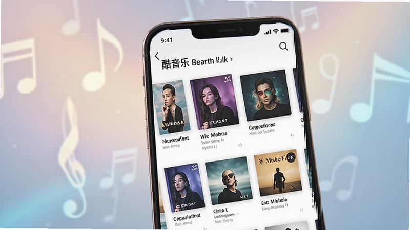 酷音乐免费听歌曲列表页面,展示众多专辑封面和歌曲名称,画面以手机界面为主体,背景为柔和的光影效果,突出音乐资源的丰富性,风格清新明亮,细节精致
