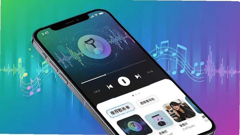 酷音乐免费听软件主界面预览图,展示简洁的播放器界面和推荐歌单列表,背景为渐变色音乐律动元素,画面主体为手机屏幕展示软件界面,细节丰富,风格现代,高清渲染