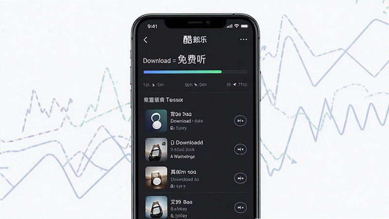 酷音乐免费听下载管理界面,显示下载进度条和已下载歌曲列表,画面以手机界面为主体,背景为简洁的线条装饰,风格清爽直观,突出下载功能的高效性,高清渲染