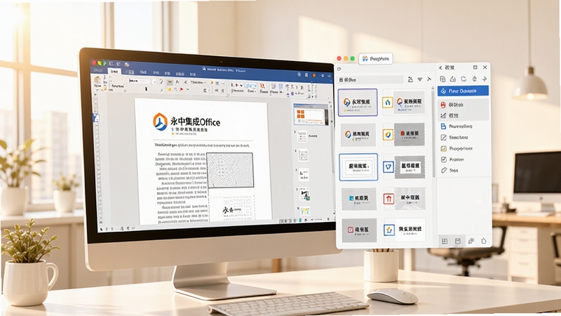 永中集成Office智能排版功能展示,电脑屏幕中显示文档编辑界面,右侧悬浮着模板库与校对工具面板,背景为明亮的办公室,色调以暖白为主,突出高效创作与智能辅助的特点