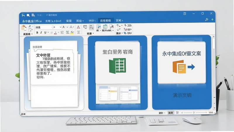 永中集成Office主界面预览图,展示文字处理、电子表格、演示文稿三大模块的整合视图,背景为浅灰色办公桌面,图标与菜单栏清晰可见,整体色调以蓝白为主,风格简洁现代,突出软件的一体化集成特性