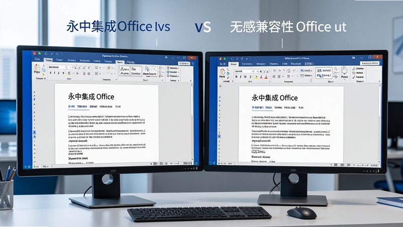 永中集成Office文档兼容性展示,屏幕中并排显示永中集成Office与Microsoft Office的相同文档内容,界面对比清晰,背景为双屏办公场景,色调为蓝白与灰色,突出无感兼容与格式不变的核心优势