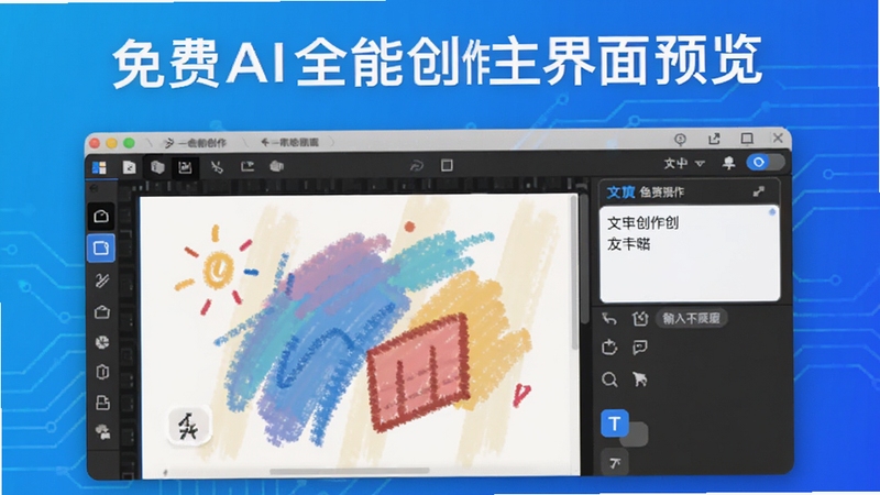 免费AI全能创作主界面预览图,画面中央显示创意画板与文字输入框,背景为渐变色科技蓝,整体风格简洁明亮,突出多功能一体化创作平台,软件名称显示在界面顶部