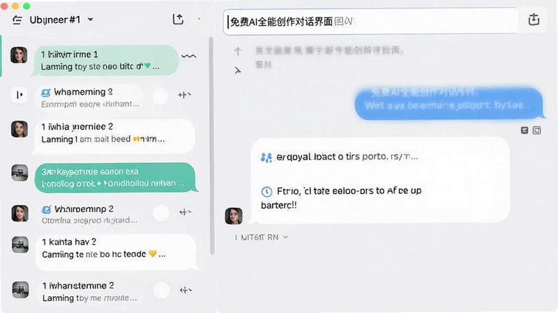 免费AI全能创作对话界面截图,左侧为聊天记录列表,右侧为输入框与回复内容,气泡样式现代,背景为浅灰色,整体风格干净清爽