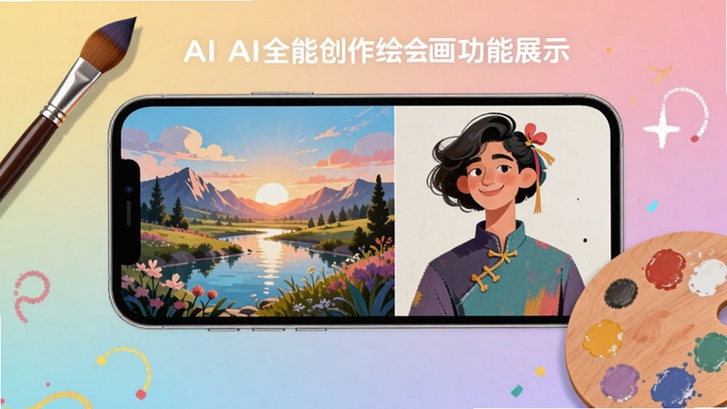 免费AI全能创作绘画功能展示,画面展示手机屏幕中生成的一幅风景画与一幅人物画,周围有画笔和调色板元素,背景为柔和渐变,突出AI绘画的便捷与创意