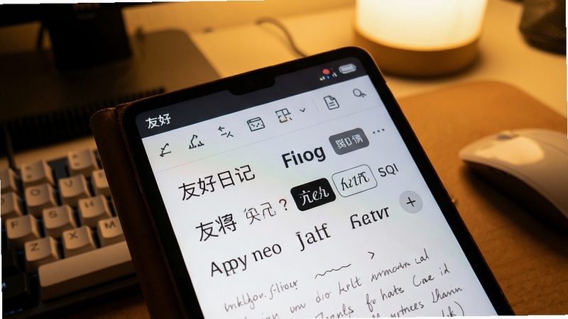 友好日记本编辑界面特写,展示Markdown工具栏与多种字体主题切换功能,暖色调背景,键盘与鼠标元素,突出沉浸书写氛围