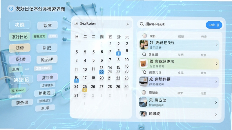 友好日记本分类检索界面,左侧标签云与日历视图,右侧搜索结果高亮显示,浅蓝色科技感背景,突出高效管理能力
