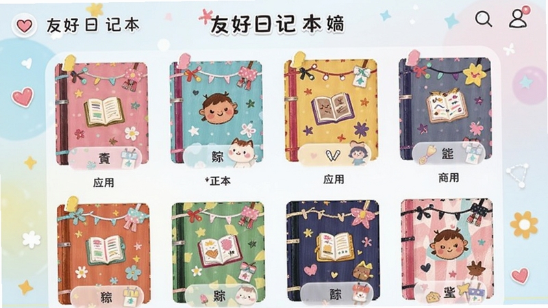 友好日记本主题商城界面,展示多款不同风格的皮肤缩略图,色彩缤纷,用户可预览应用,明亮活泼的背景