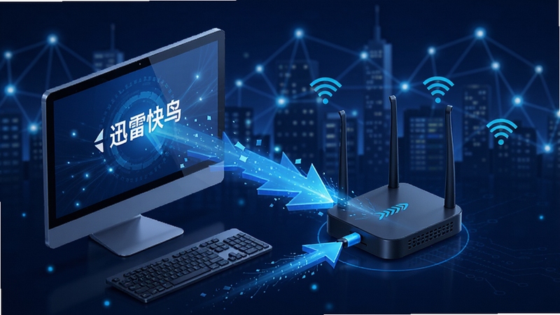 迅雷快鸟网络加速示意图,画面展示一台电脑连接路由器,箭头表示数据流加速传输,背景有城市网络节点光点,风格现代科技感,蓝色调为主,突出提速效果