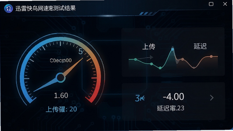 迅雷快鸟网速测试结果页面,界面显示上传下载速度仪表盘和延迟数值,背景为深色科技风格,数据可视化线条流畅,强调实时监测功能