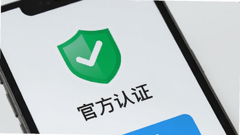 英语家教软件安全认证界面,手机屏幕显示绿色盾牌图标与“官方认证”字样,背景为浅灰色,突出信任感。