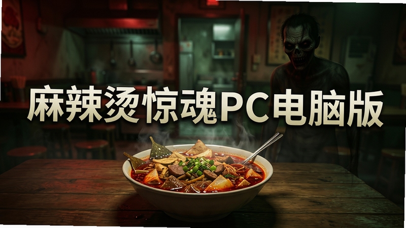 游戏主视觉图,昏暗的麻辣烫店内,雾气缭绕,一碗红油翻滚的麻辣烫摆在木桌上,旁边隐约浮现一个诡异的人影,背景是模糊的厨房门,整体色调偏暗红与墨绿,营造阴森恐怖的氛围,画面中央醒目位置出现“麻辣烫惊魂PC电脑版”字样,电影级光影质感,超写实风格,4K高清