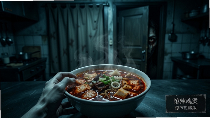 麻辣烫惊魂PC电脑版游戏内截图,第一人称视角,昏暗的灯光下,一碗麻辣烫冒着热气,碗边有一只苍白的手,背景是模糊的厨房门帘,门帘缝隙中露出一只眼睛,整体画面阴暗,色调偏冷,恐怖氛围浓厚,写实风格,高细节