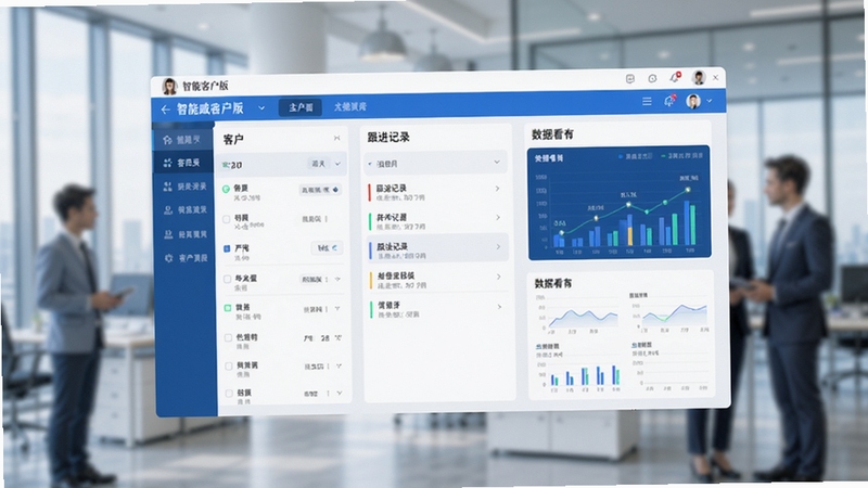 智能威客户版主界面预览图,展示客户列表、跟进记录、数据看板等核心功能模块,背景为现代商务办公场景,整体色调以蓝色和白色为主,界面简洁清晰,人物可虚化处理,突出软件界面细节