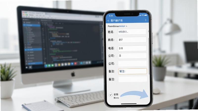 智能威客户版客户档案编辑页面截图,显示表单填写界面,包含姓名、电话、公司、备注等字段,背景为模糊的办公桌和电脑屏幕,突出移动端输入便捷性,整体风格明亮清晰