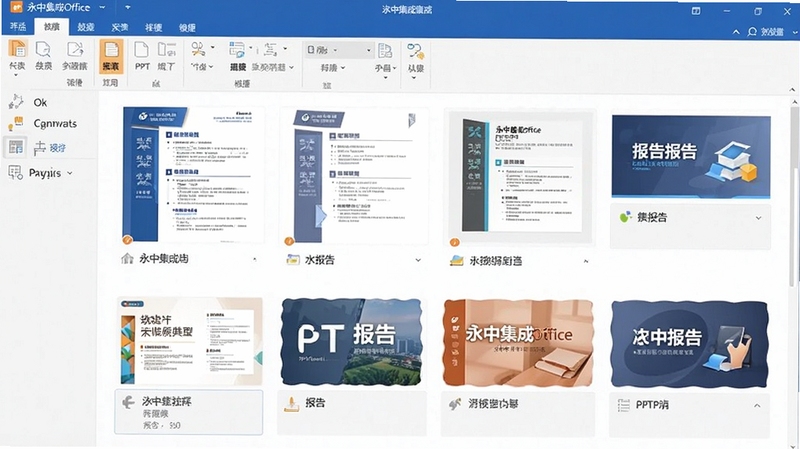 永中集成Office内置的丰富模板选择界面,展示多种风格的简历、报告和PPT模板缩略图,界面设计现代简约,突出软件的实用与便捷性
