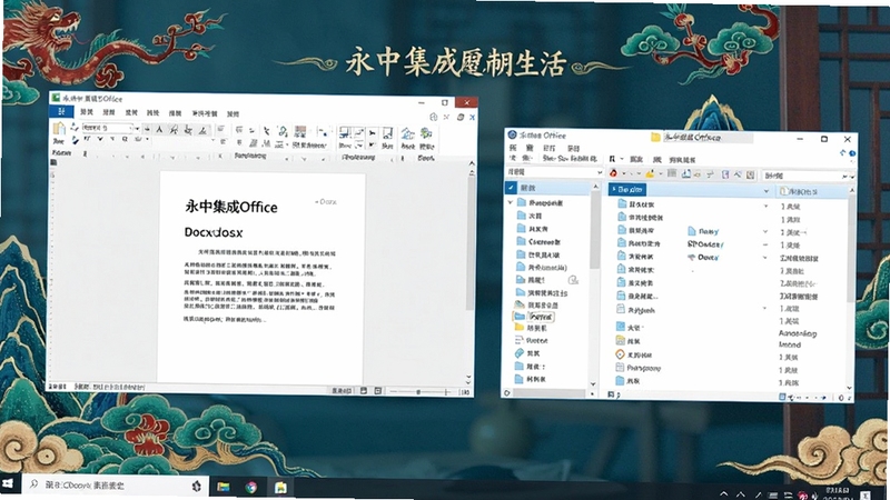 永中集成Office在国产操作系统上流畅打开并编辑docx文档的截图场景,左侧是软件窗口,右侧是文件列表,背景融入中国风元素,体现国产软件自主可控的特点