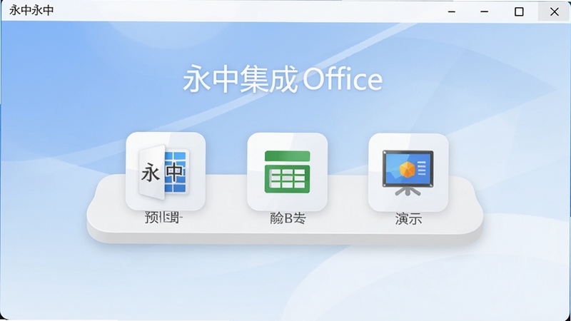 高清数字渲染风格的永中集成Office主界面预览图,画面中央是简洁的软件启动台,包含文字、表格、演示三大图标,背景为柔和的蓝白渐变商务风格,整体明亮清晰,突出软件专业与易用性