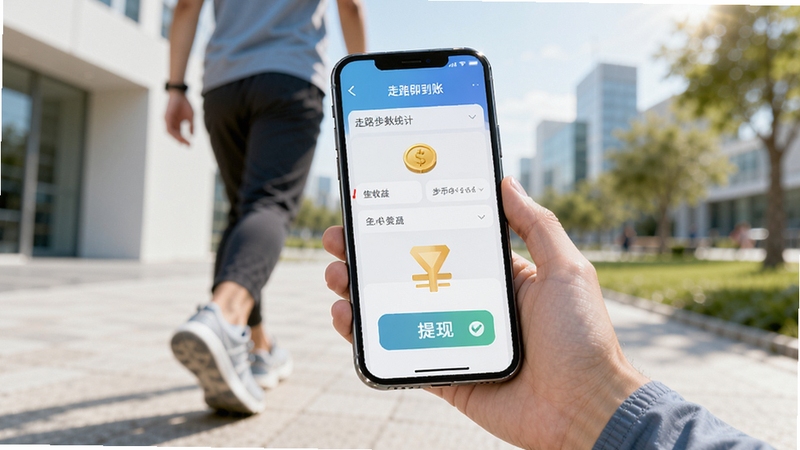 走路即到账软件主界面预览图,展示步数统计、金币收益与提现入口,背景为现代简约风格,人物手持手机在户外行走,画面明亮,突出运动与收益结合的场景