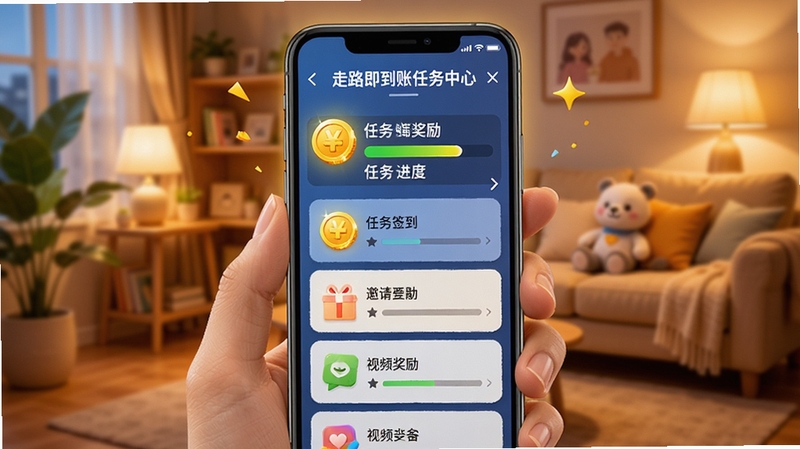 走路即到账任务中心界面截图,展示签到、邀请、视频奖励等任务列表,背景为温馨的室内环境,手机屏幕高亮显示金币图标与任务进度条,画面充满活力