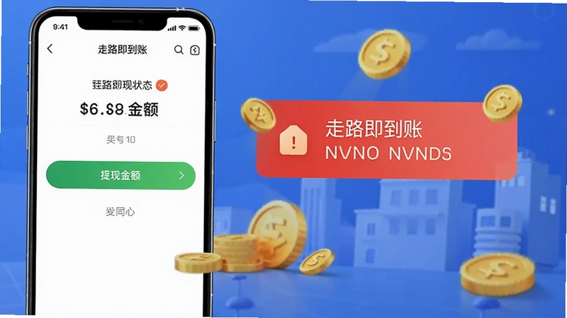 走路即到账提现成功页面截图,显示提现金额与到账状态,背景为手机支付界面,金色金币与红色到账通知醒目,画面传递安全可靠的资金保障感