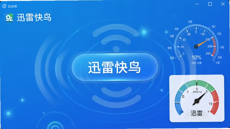 高清展示迅雷快鸟软件主界面的预览图,画面中央是一个醒目的提速按钮,背景为蓝色渐变科技风格,周围有网络信号波纹和速度仪表盘元素,整体风格简洁现代,突出提速功能,图片需包含迅雷快鸟字样