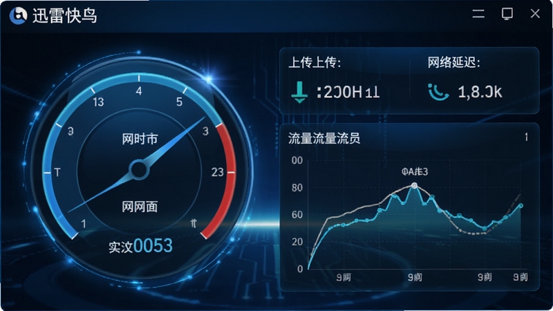 迅雷快鸟软件的网络状态监测界面,展示实时网速仪表盘和流量曲线图,界面设计有蓝色科技感光效,数据面板清晰显示上传下载速率和网络延迟,整体风格专业且富有动感,包含迅雷快鸟字样