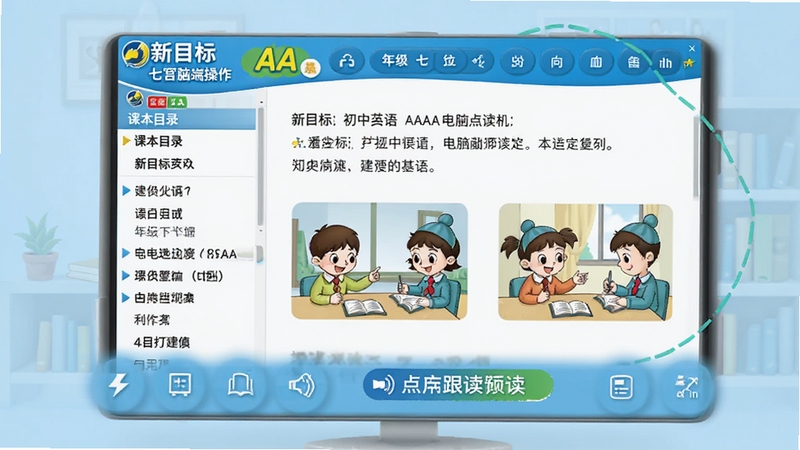 软件主界面展示图,画面主体是新目标初中英语AAA电脑点读机 新目标七年级下册的电脑端操作界面,左侧为课本目录列表,右侧显示课文原文与对应插图,背景为简洁的浅蓝色学习场景,整体风格清晰明亮,突出点读跟读功能按钮