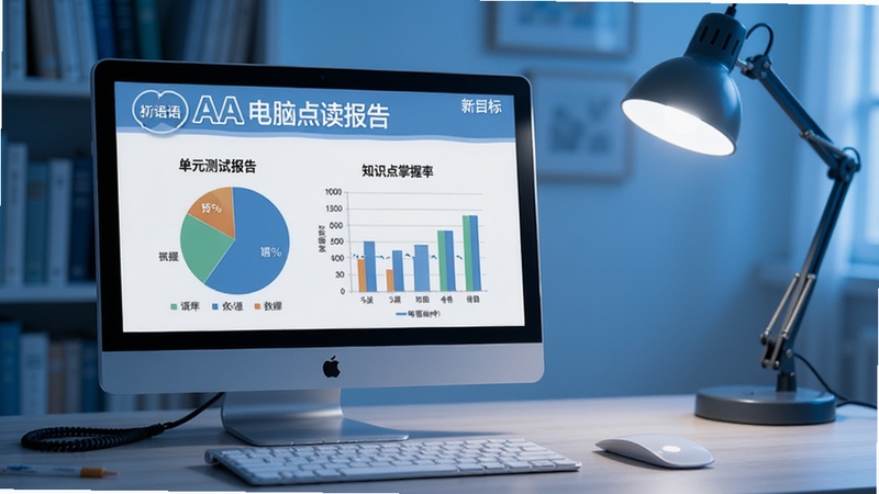 新目标初中英语AAA电脑点读机 单元测试报告页面,屏幕上是饼状图与柱状图分析,展示知识点掌握率,背景为书房场景,桌面上有电脑与台灯,画面色调偏冷色系,突出理性分析与数据反馈的学习环节