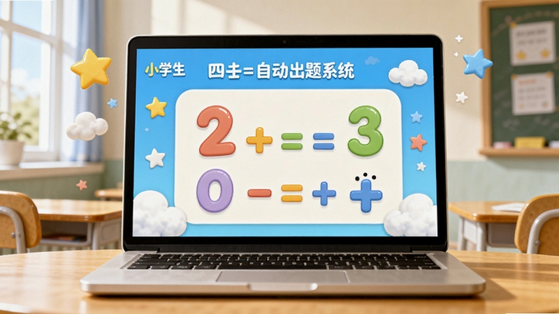 画面中央是一台打开的笔记本电脑,屏幕上显示色彩鲜艳的小学生四则运算自动出题系统界面,界面中有卡通数字和加减乘除符号,周围漂浮着星星和云朵,背景是明亮的教室,光线柔和,整体风格活泼可爱,适合儿童教育场景,高清渲染