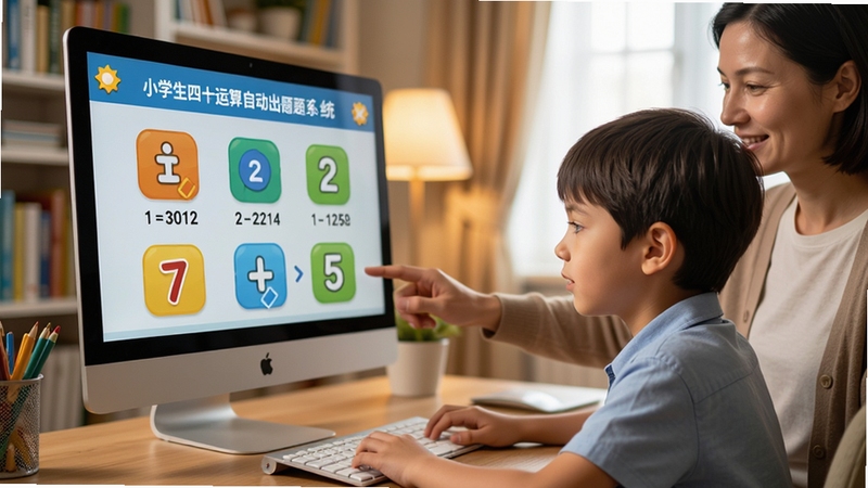 电脑屏幕前坐着一名小学生,正专注地看着屏幕上小学生四则运算自动出题系统显示的题目,屏幕上有不同年级的难度选项图标,旁边有家长在微笑指导,背景是温馨的家庭书房,光线明亮,细节丰富,数字和符号清晰可见